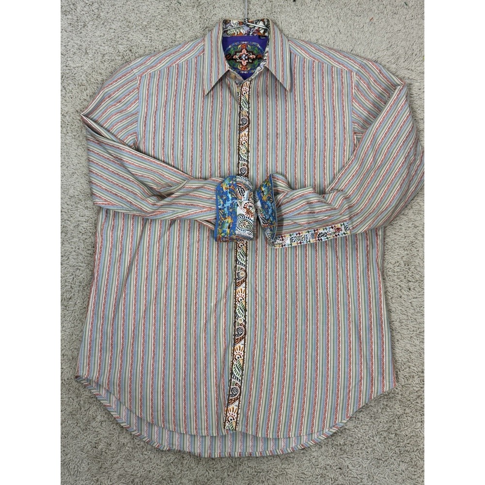 Robert Graham Men's Button Up Multi Color Striped Embroidered Flip Cuff Size Med